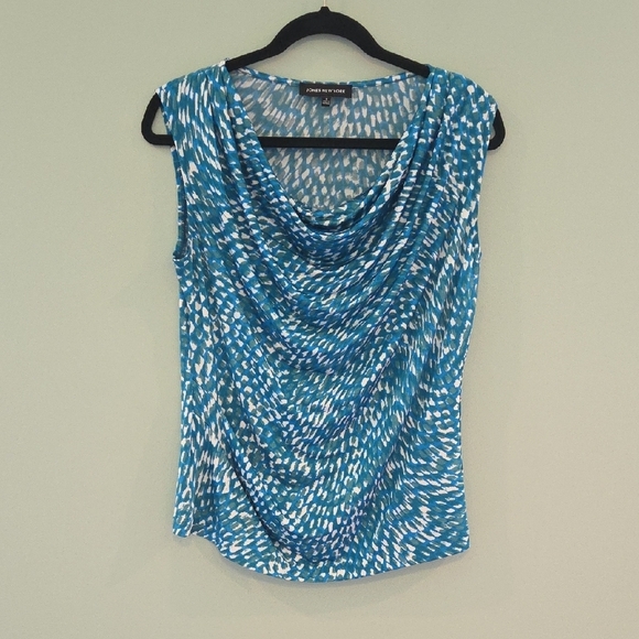 Jones NY Blue, White & Green Ocean Patterned Ruched Sleeveless Blouse Small - Picture 1 of 8